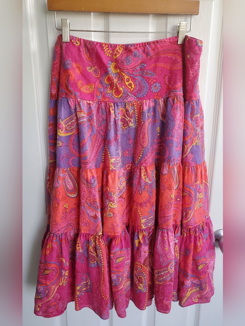 Lauren Ralph Lauren 100% Linen Multi-Tiered Paisley Midi Boho Hippie Skirt Sz L